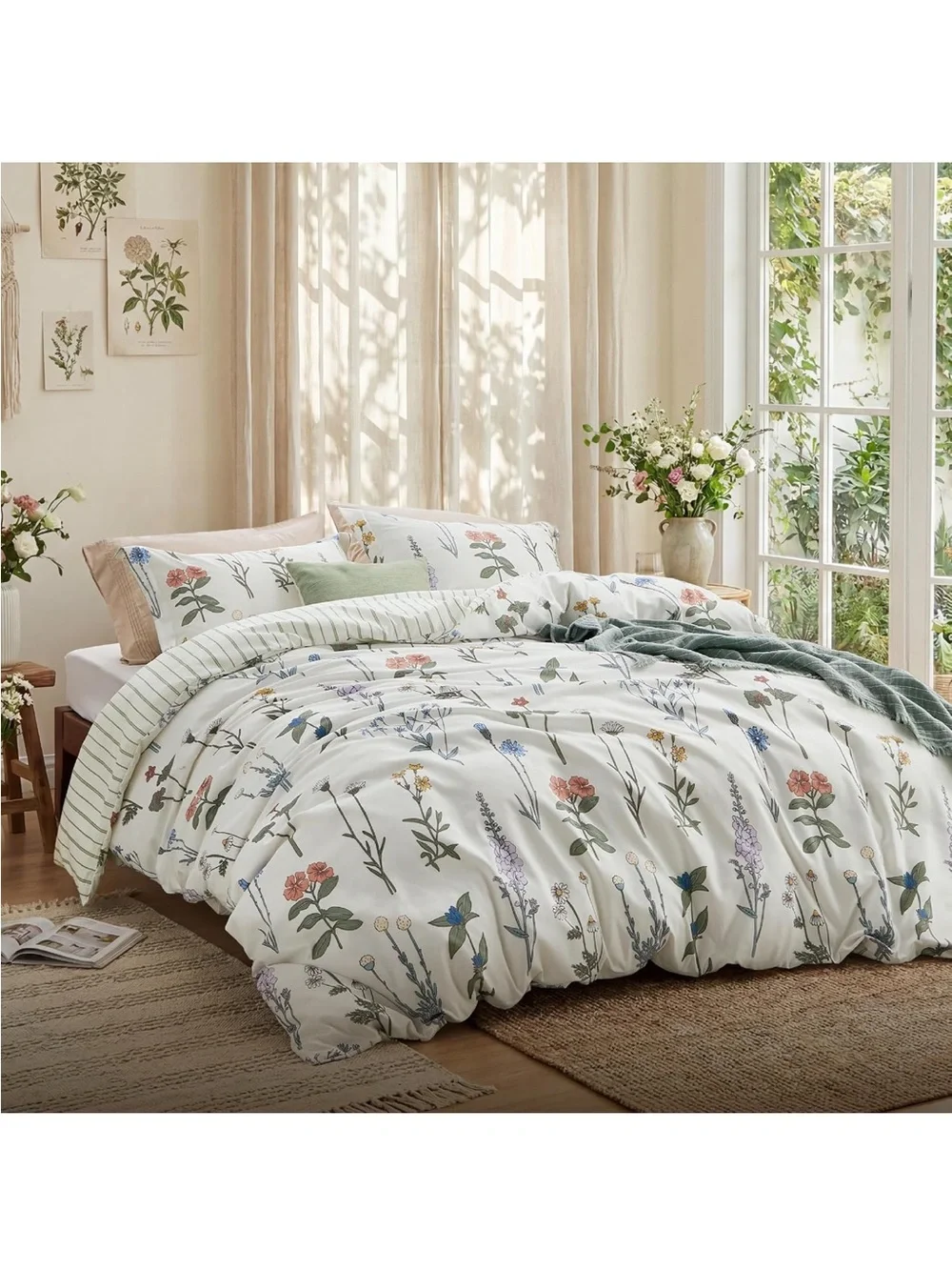 NEW Bedsure Duvet Cover Set w/zipper. Reversible. Floral and Stripe
